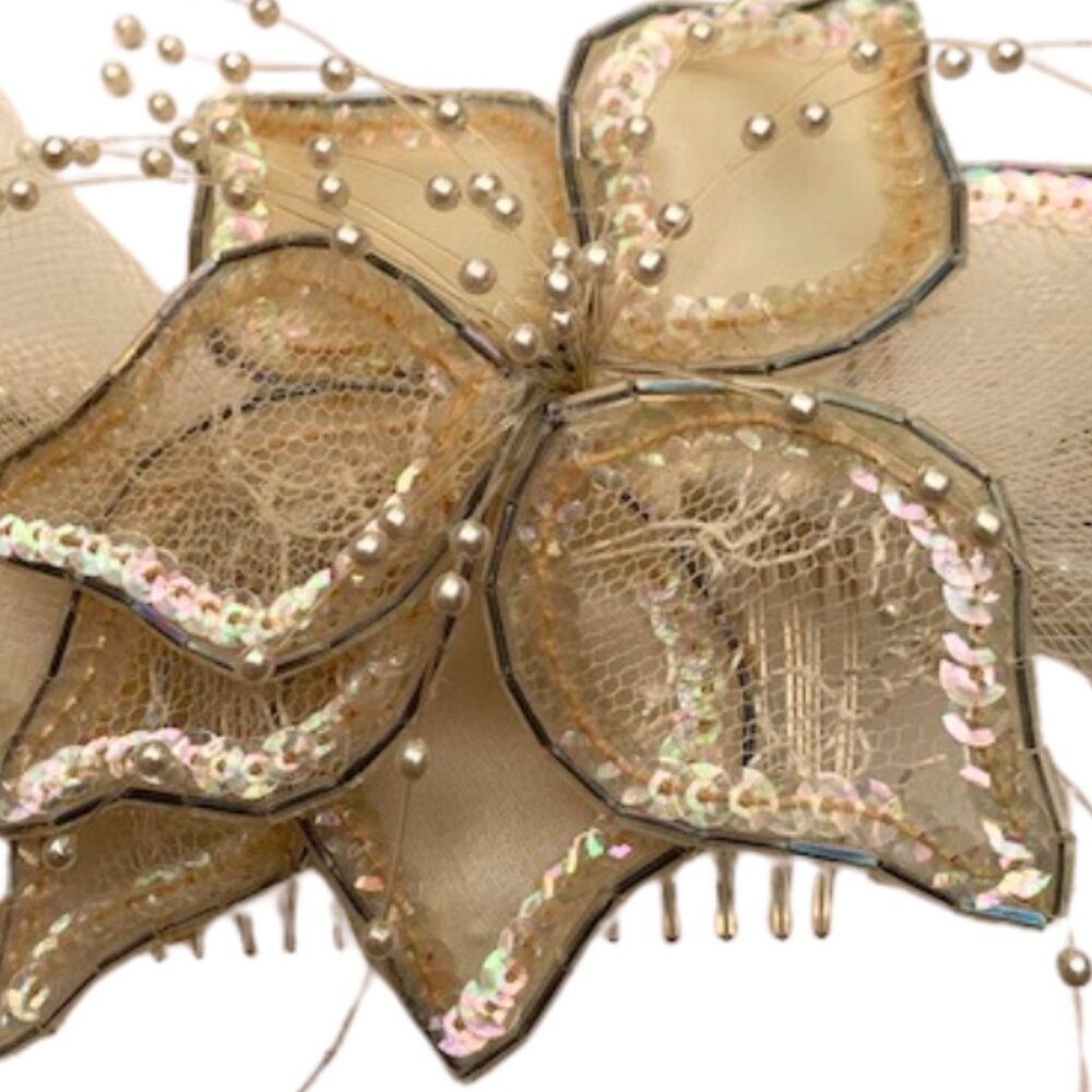 Vintage Silk Tulle Sequin and Pearl Bridal Hair Comb - Picture 6 of 6